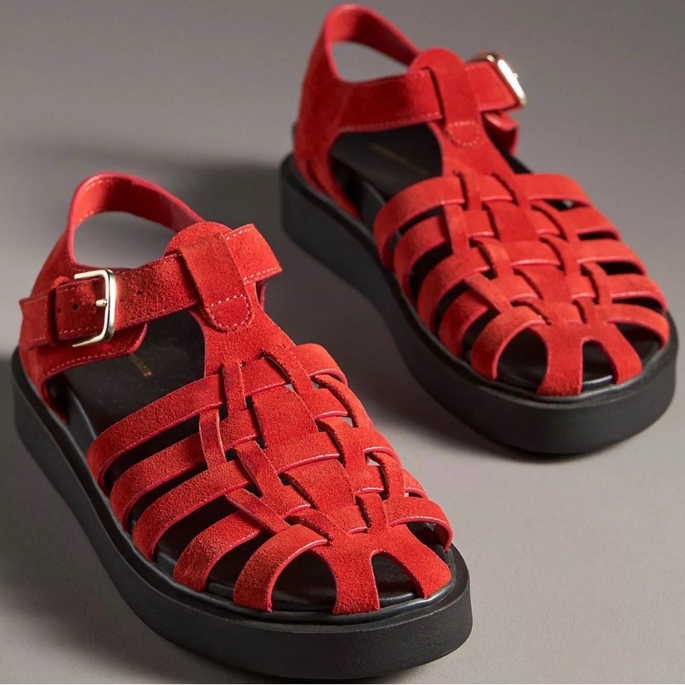 By Anthropologie Red Suede Fisherman Sandals | NIB | Footbed Flats - Picture 2 of 3